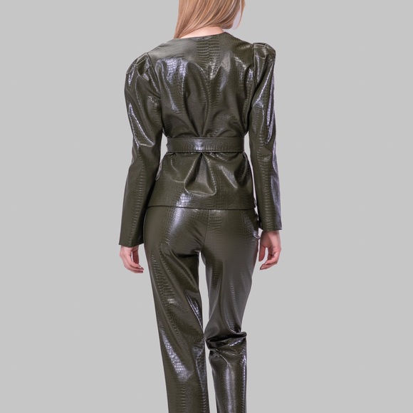 Byegreis Haley faux leather croc pants olive green M - Picture 2 of 10